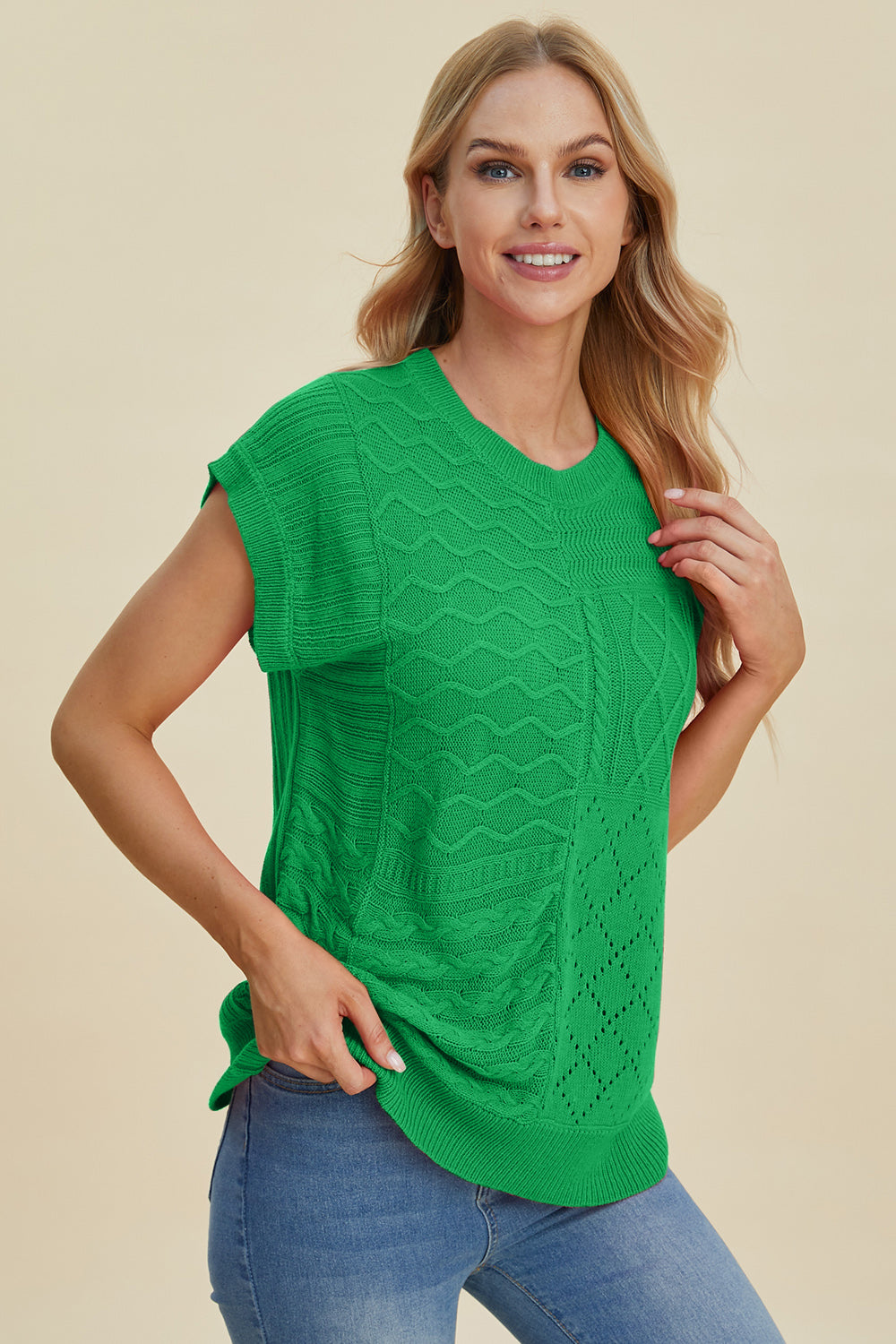 Double Take Cable-Knit Round Neck Cap Sleeve Sweater