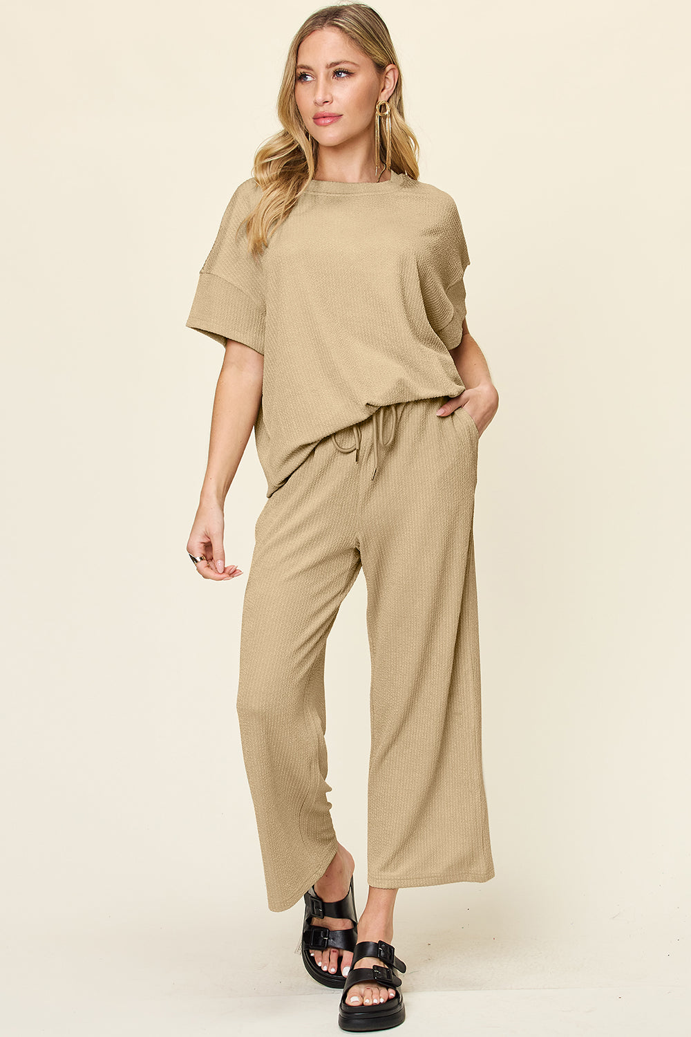 Double Take Texture Round Neck Short Sleeve T-Shirt and Wide Leg Pants