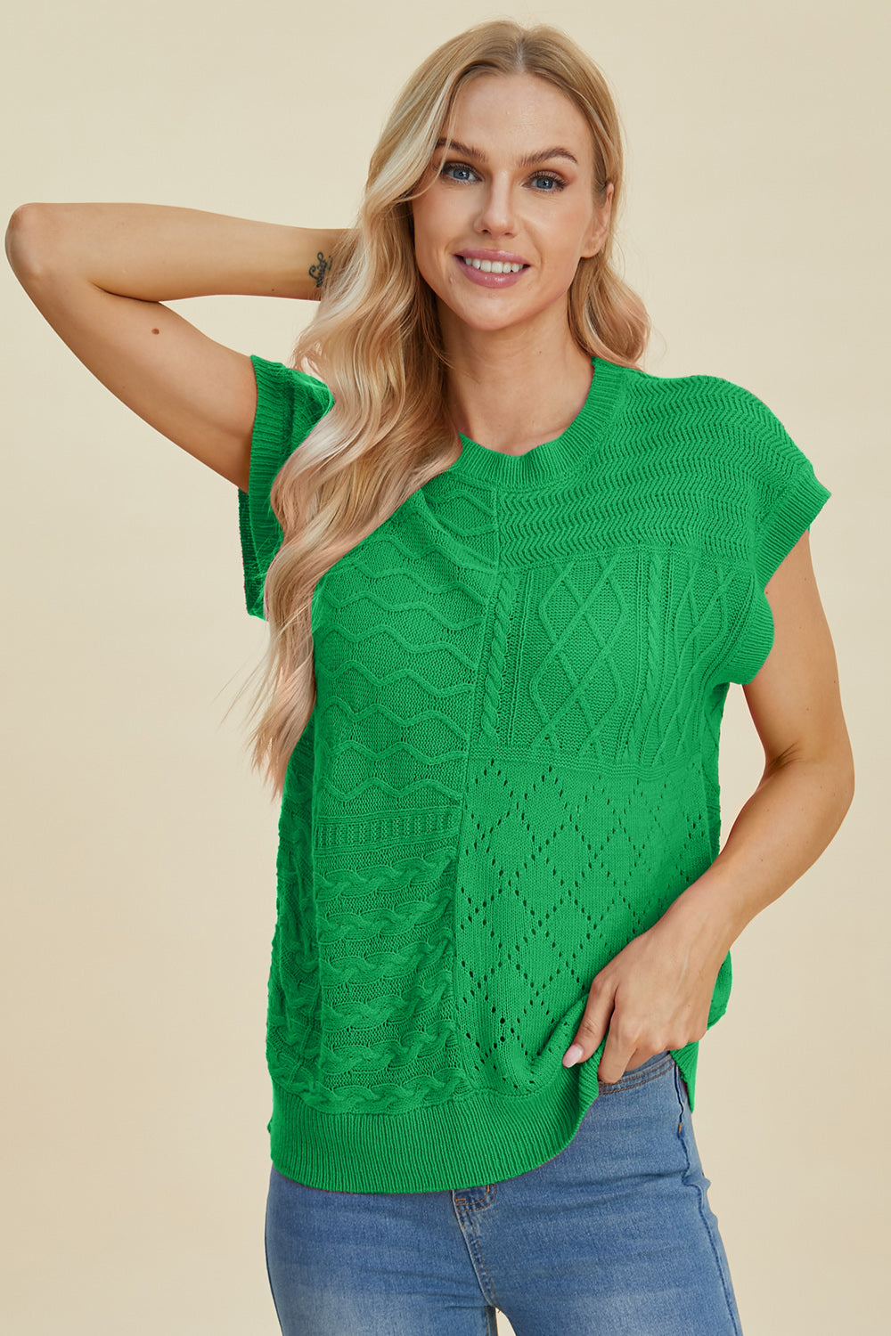Double Take Cable-Knit Round Neck Cap Sleeve Sweater
