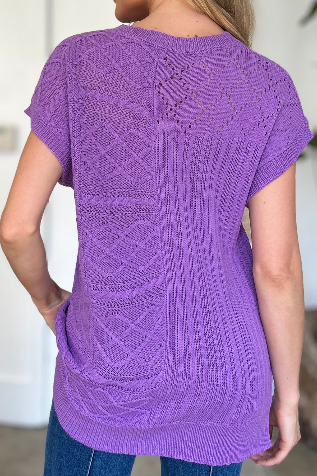 Double Take Cable-Knit Round Neck Cap Sleeve Sweater