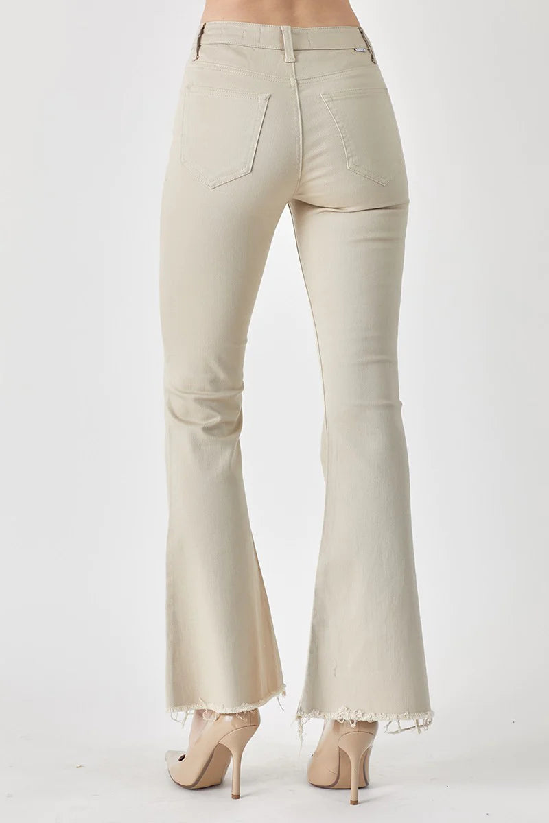 RISEN Mid-Rise Raw Hem Flare Jeans in Khaki (sz 9)
