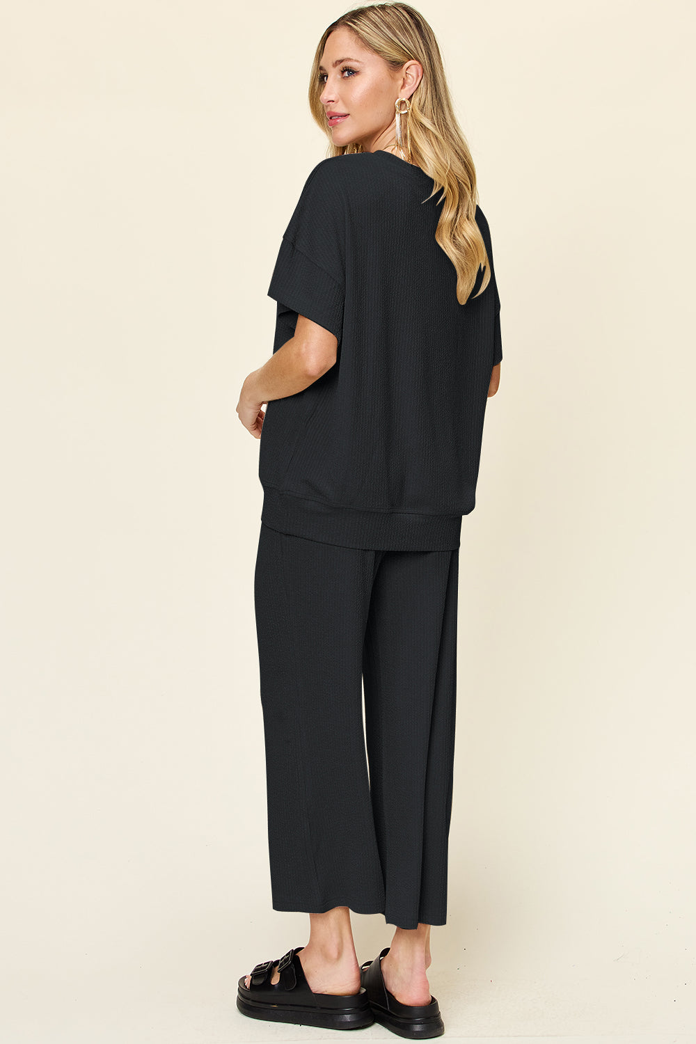 Double Take Texture Round Neck Short Sleeve T-Shirt and Wide Leg Pants