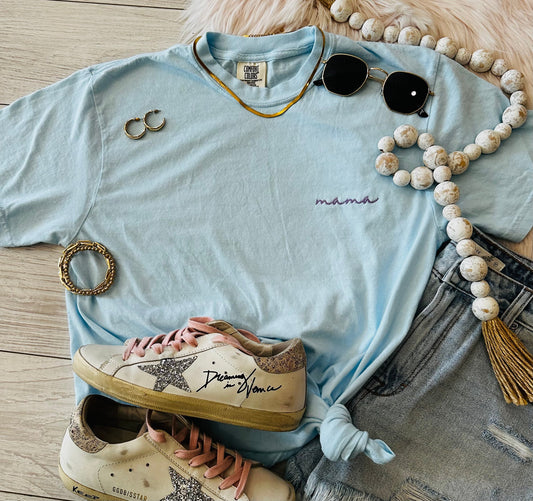 Chambray Dainty Mama Embroidered Graphic Tee