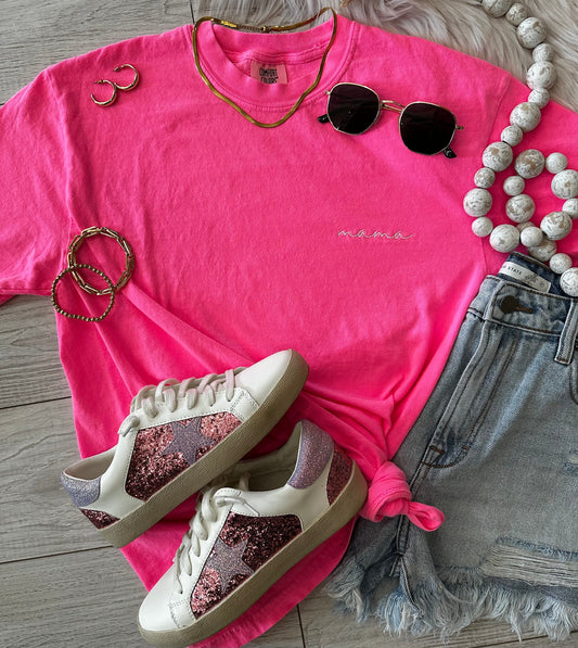 Neon Pink Dainty Mama Embroidered Graphic Tee