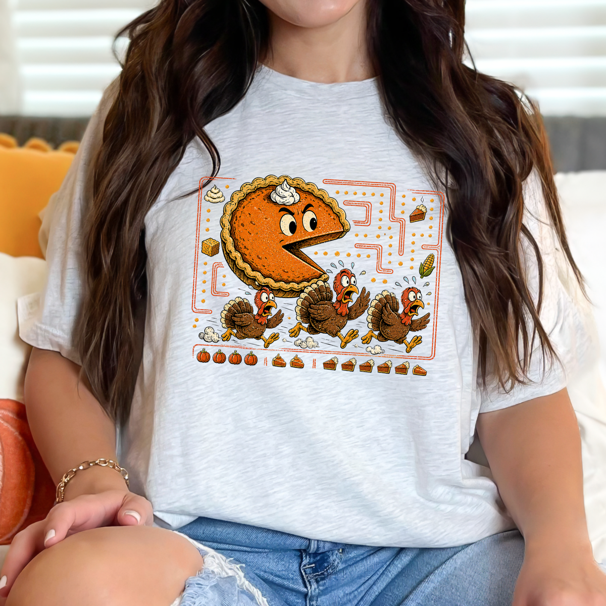 Thanksgiving Pie Chasing Turkey Graphic Tee or Sweatshirt