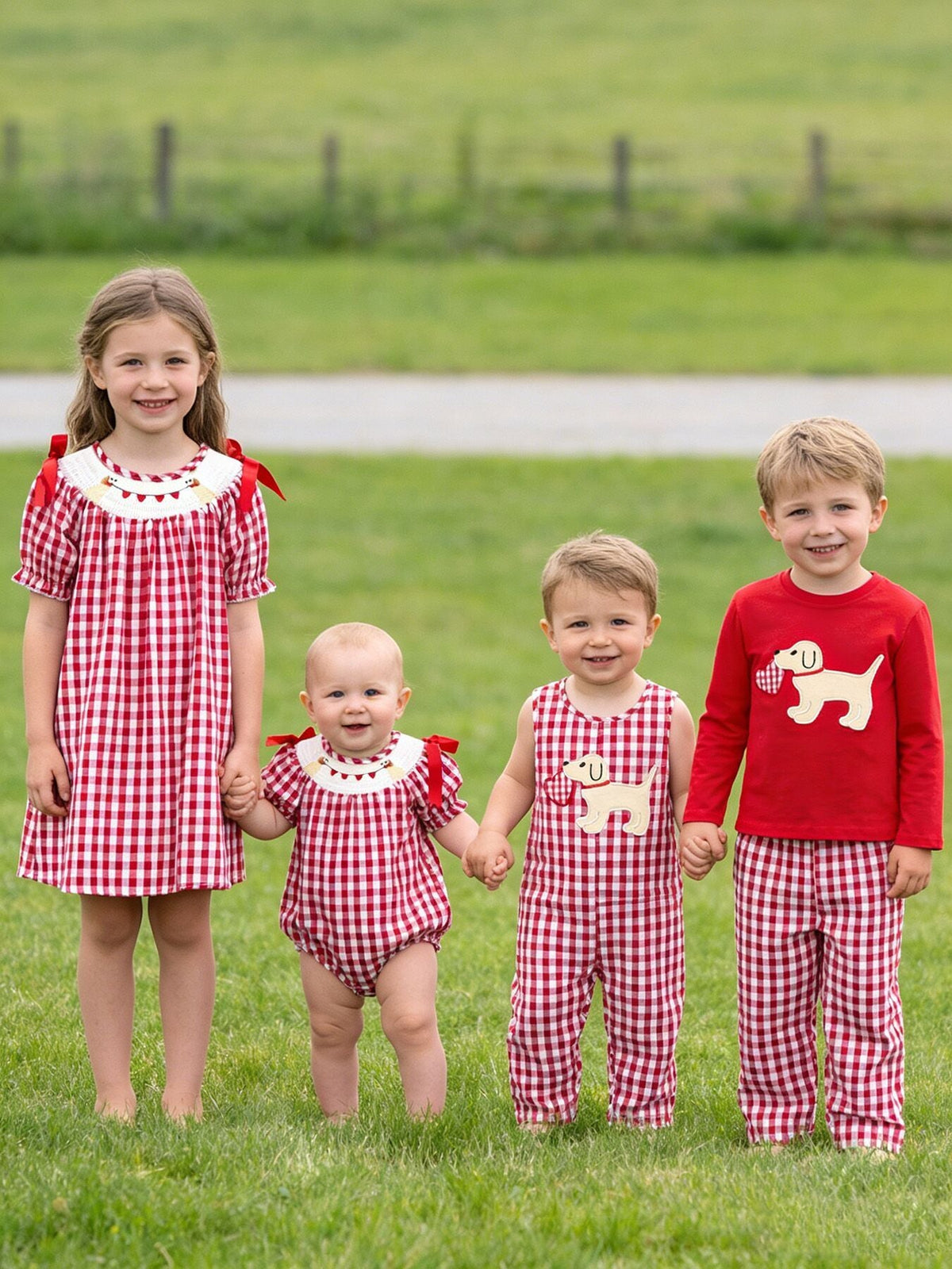 Valentine Red Plaid Boys Romper with Applique Heart Dog Detail
