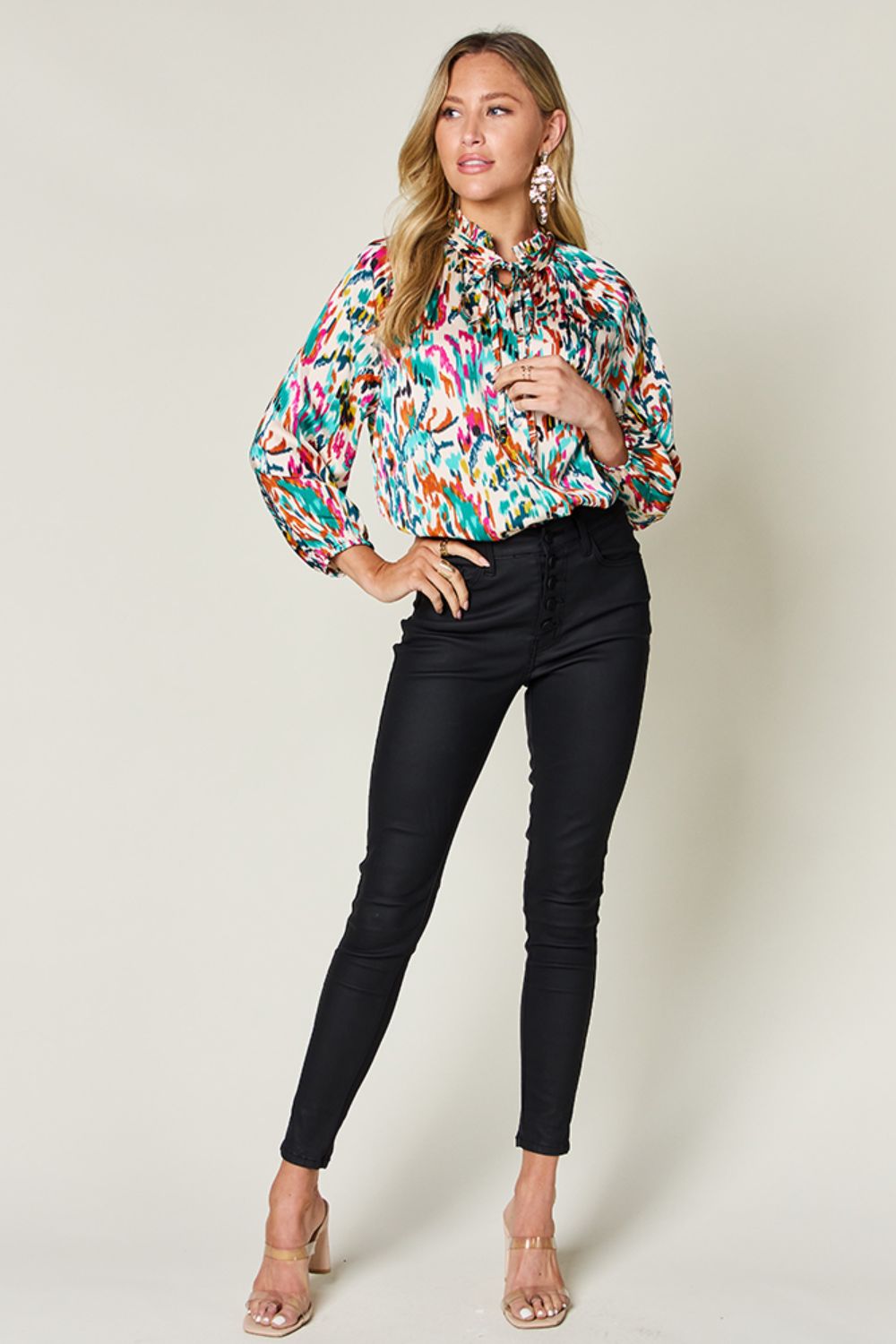 Double Take Printed Button Up Long Sleeve Shirt