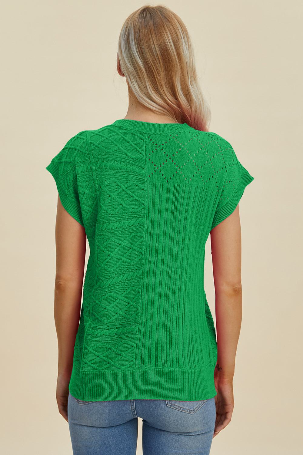 Double Take Cable-Knit Round Neck Cap Sleeve Sweater