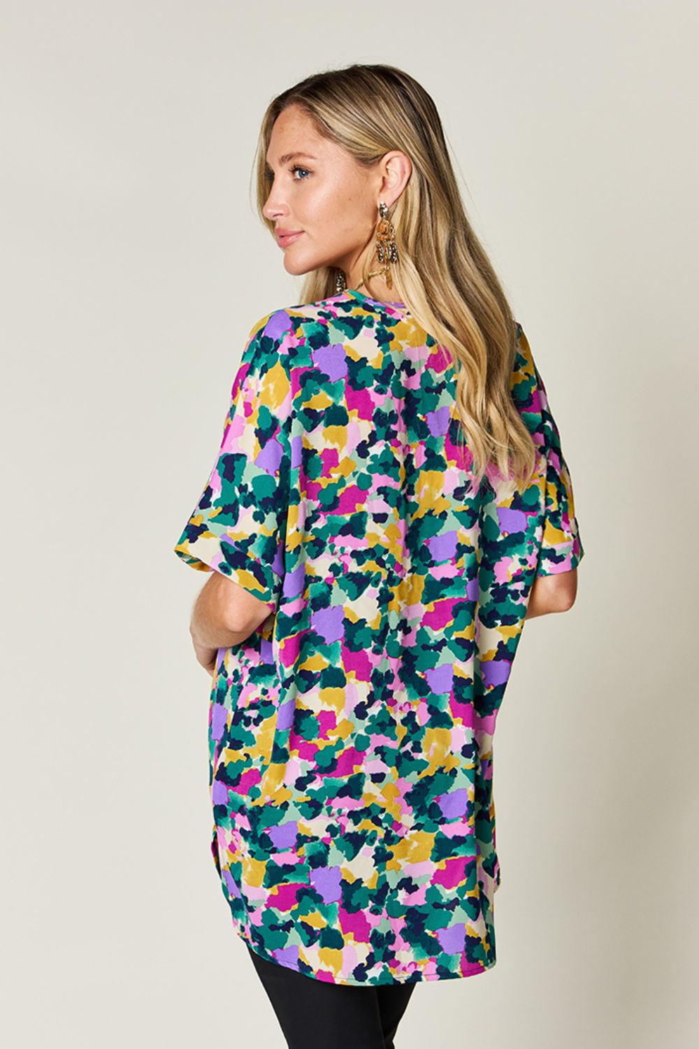 Double Take Printed V-Neck Short Sleeve Blouse