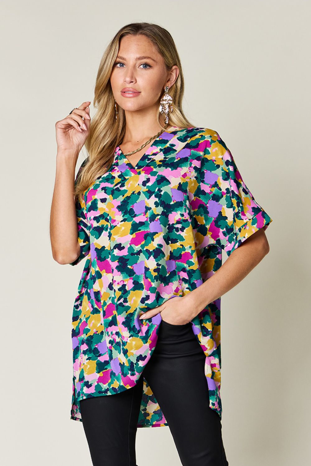 Double Take Printed V-Neck Short Sleeve Blouse