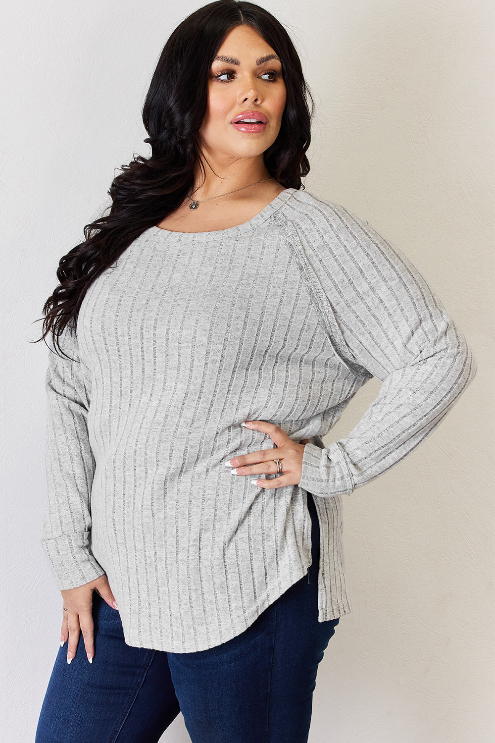 Basic Bae Ribbed Round Neck Slit T-Shirt