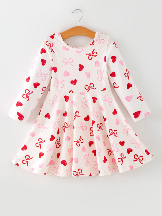 Toddler Girls Valentine Bow Heart Shape Print Dress