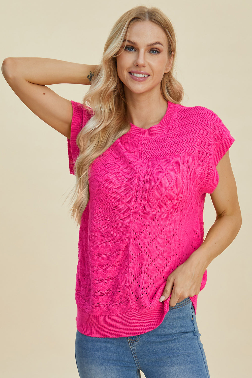 Double Take Cable-Knit Round Neck Cap Sleeve Sweater