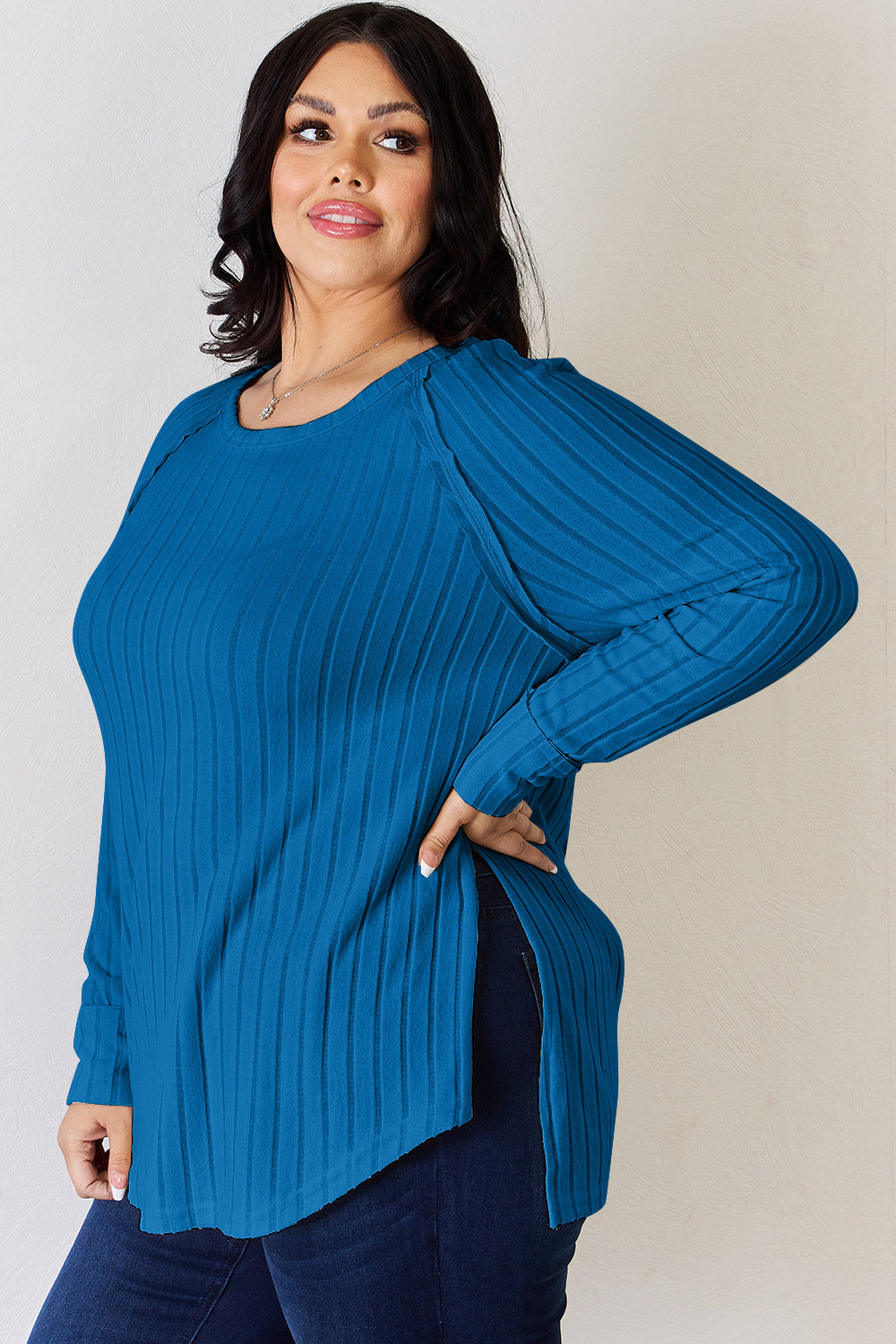 Basic Bae Ribbed Round Neck Slit T-Shirt