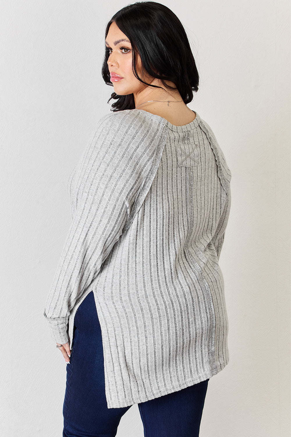 Basic Bae Ribbed Round Neck Slit T-Shirt