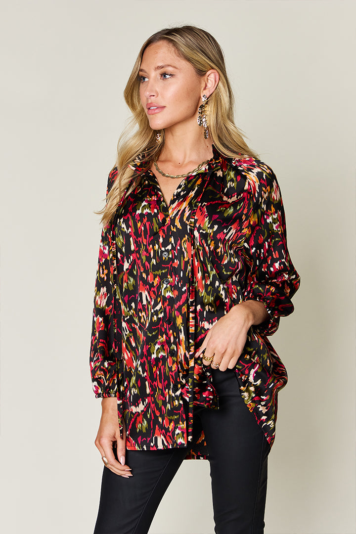 Double Take Printed Button Up Long Sleeve Shirt