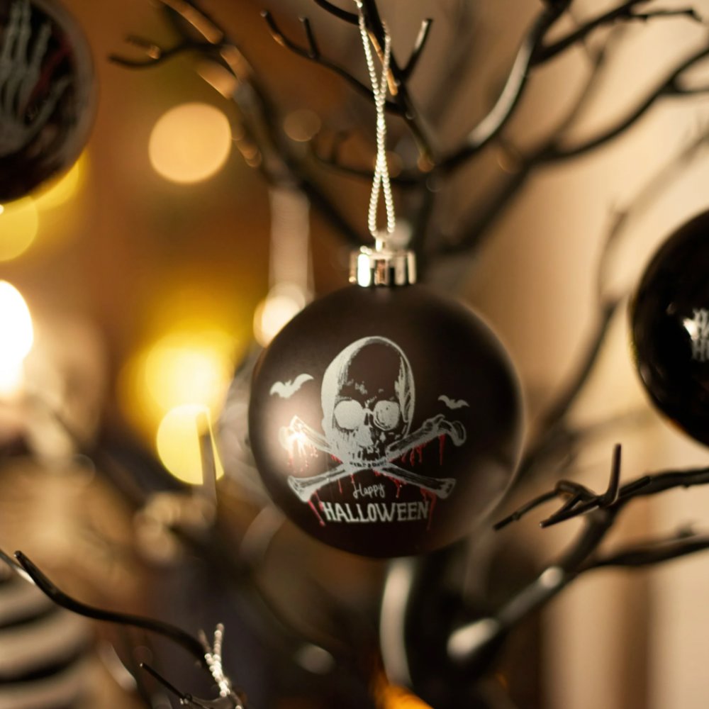 Black Gothic 16-Piece Baubles with Skulls, Skeleton Hands, Horror Prints & Striped Designs