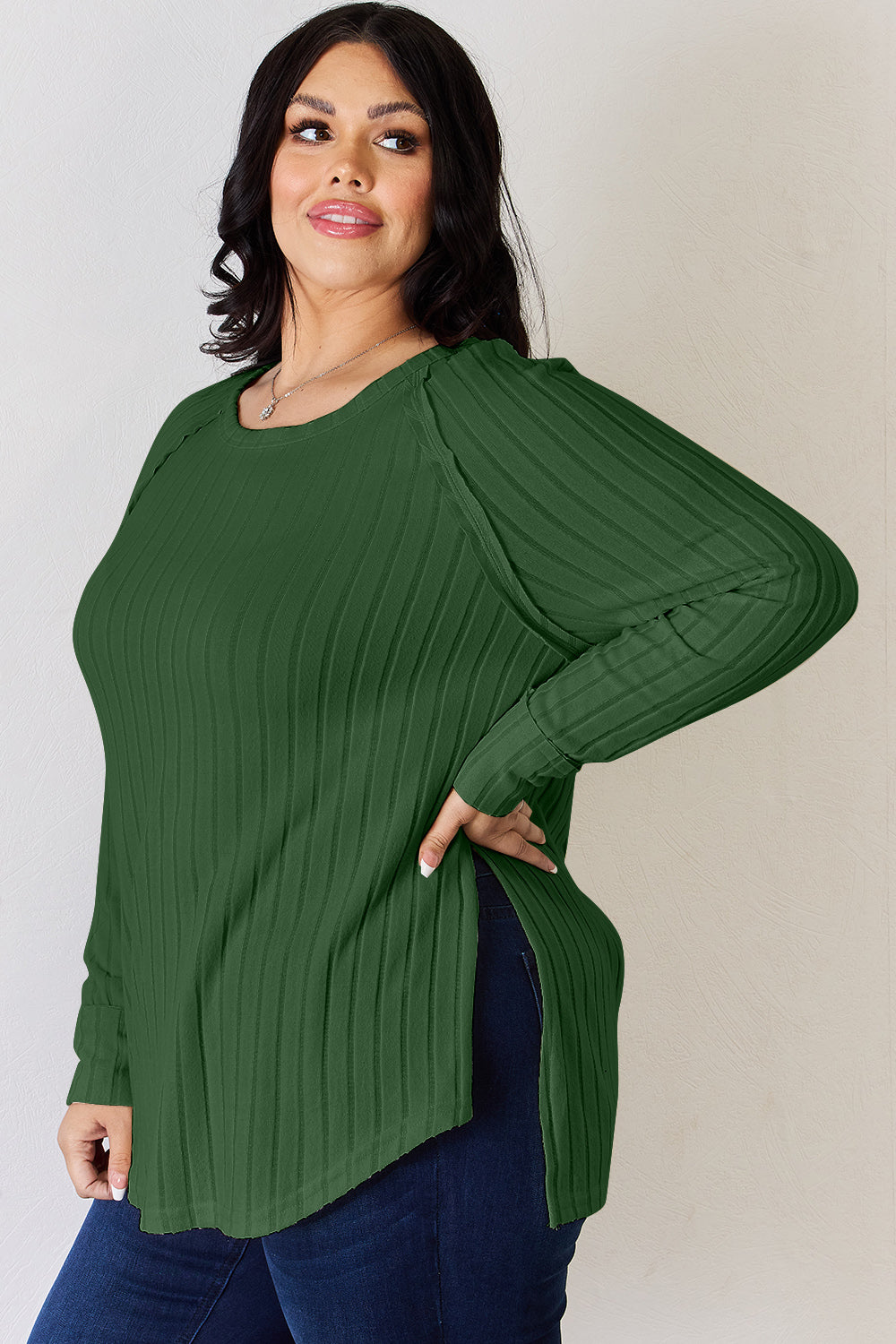 Basic Bae Ribbed Round Neck Slit T-Shirt