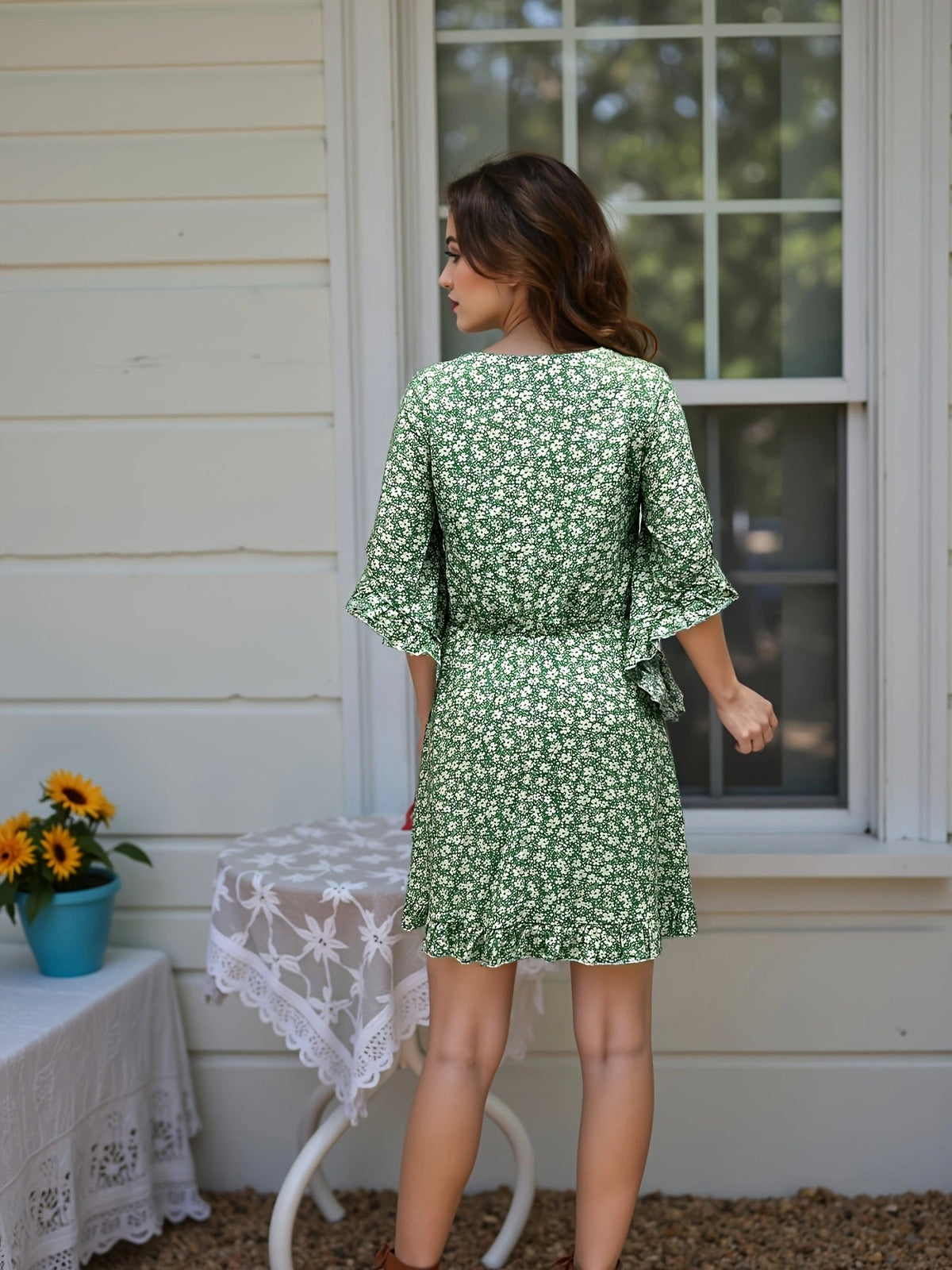 Floral Midi Dress – V-Neck Flowy Flutter Sleeve Dress