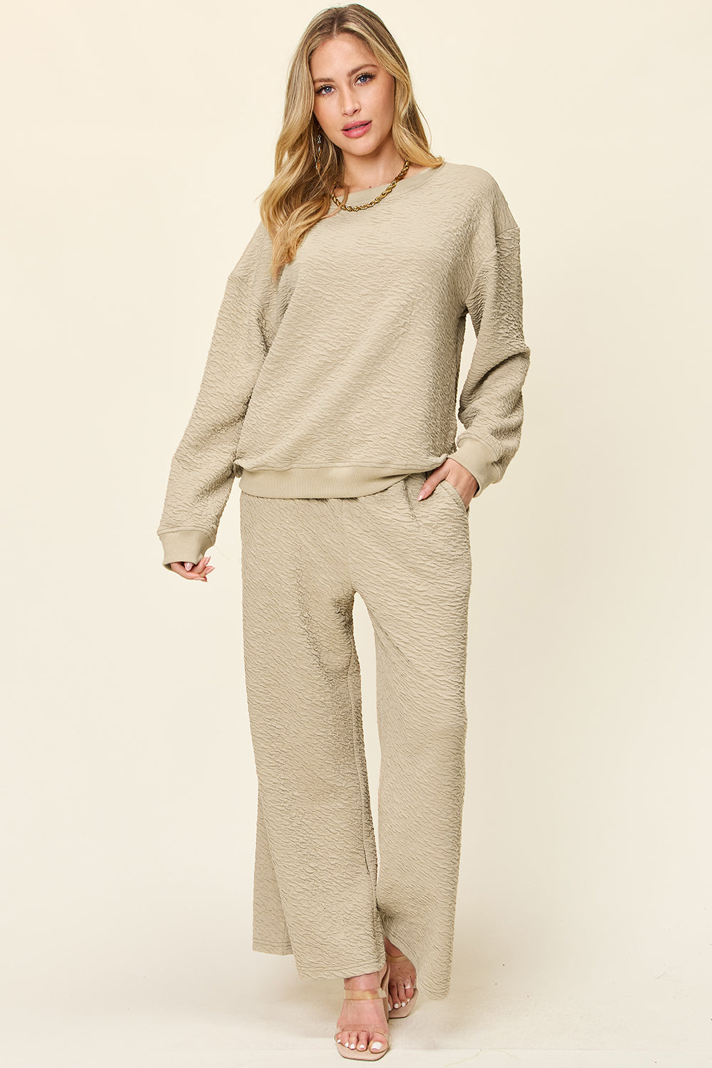 Double Take Texture Long Sleeve Top and Pants Set