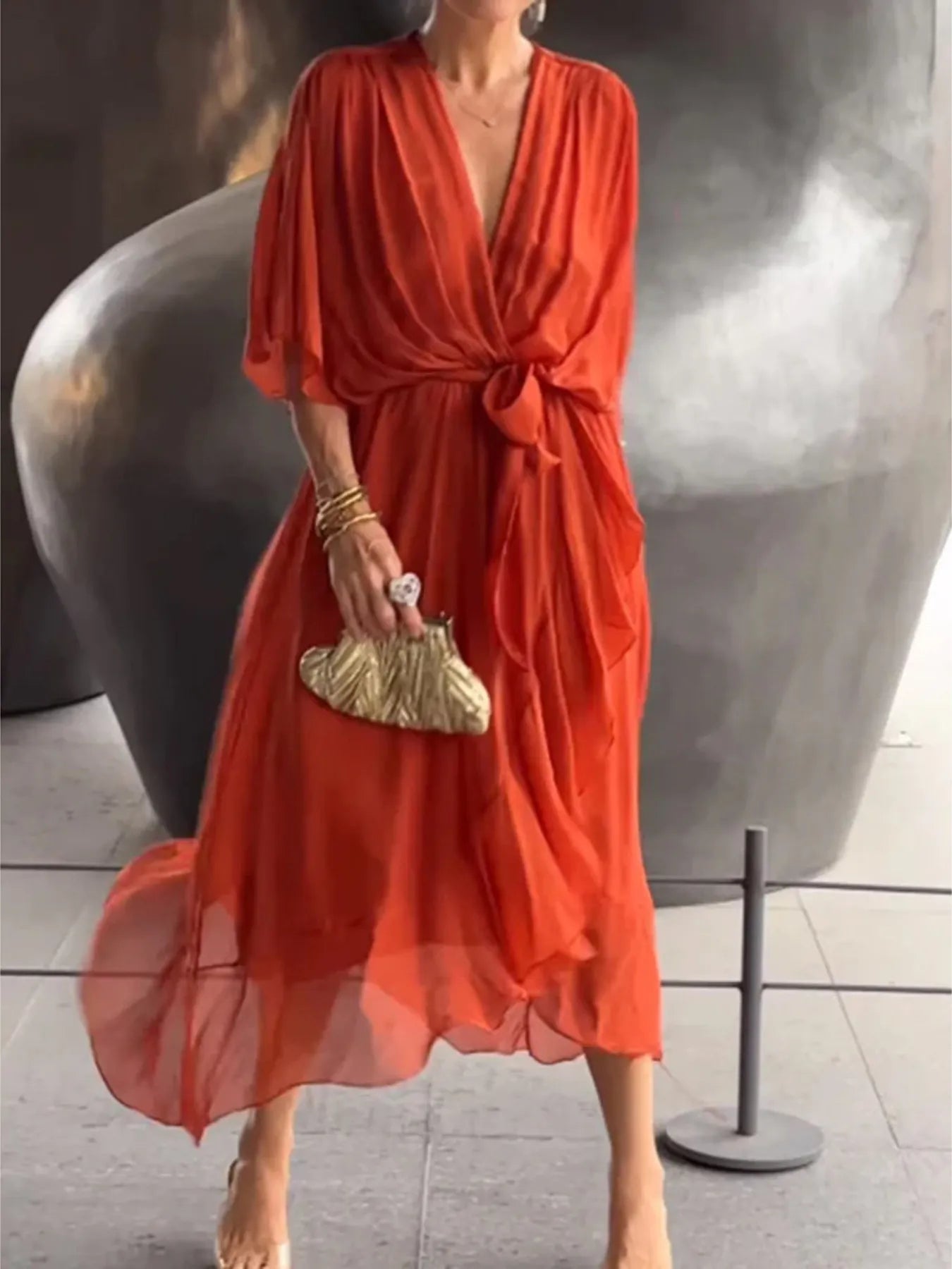 Flowy Tie Front Midi Dress with Flutter Sleeves Fashion Flare Boutique Flowy Tie Front Midi Dress with Flutter Sleeves Fashion Flare Boutique