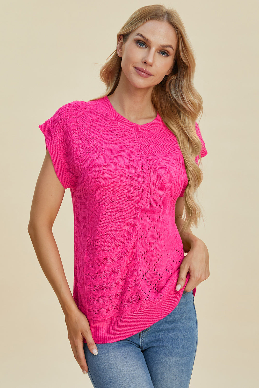 Double Take Cable-Knit Round Neck Cap Sleeve Sweater