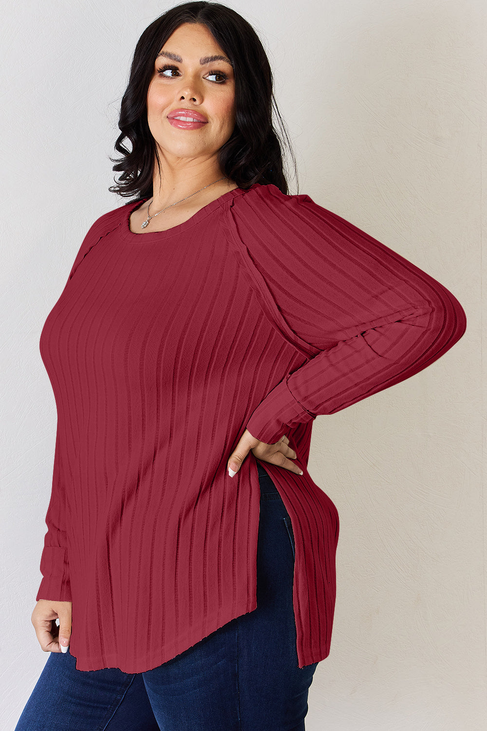 Basic Bae Ribbed Round Neck Slit T-Shirt