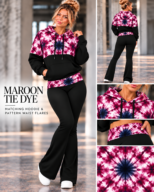 MAROON TIE DYE-PATTERN BLOCK HOODIE-PREORDER CLOSING 10/9, ETA LATE DEC.