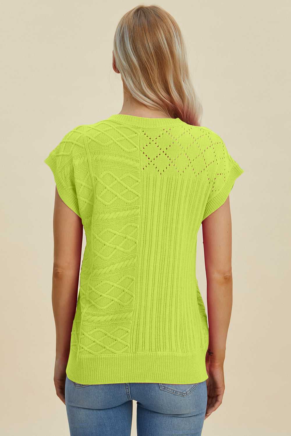 Double Take Cable-Knit Round Neck Cap Sleeve Sweater