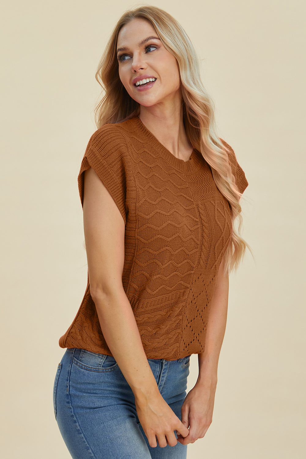 Double Take Cable-Knit Round Neck Cap Sleeve Sweater