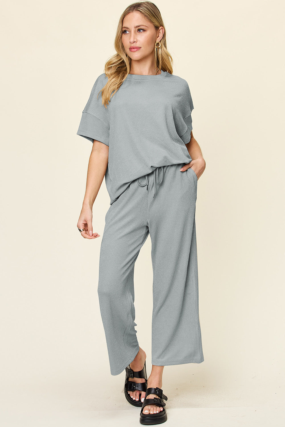 Double Take Texture Round Neck Short Sleeve T-Shirt and Wide Leg Pants