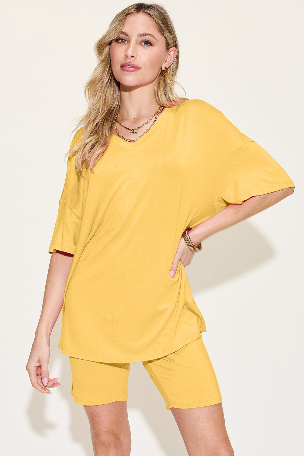 Basic Bae Bamboo V-Neck Drop Shoulder T-Shirt and Shorts Set