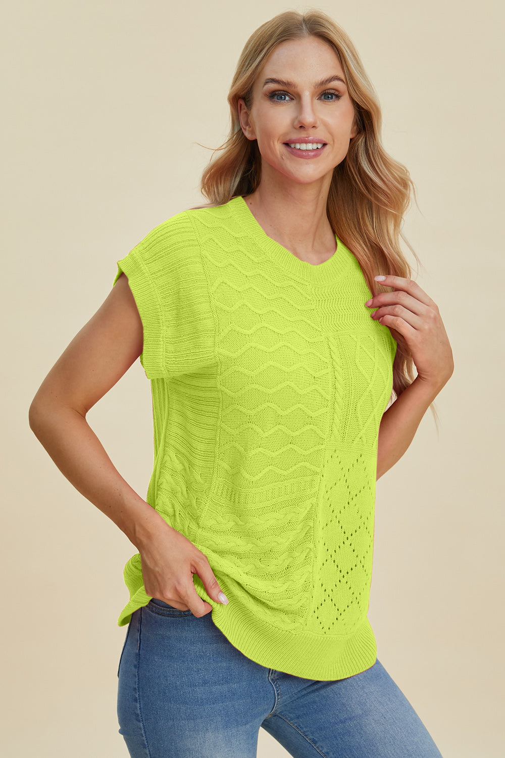 Double Take Cable-Knit Round Neck Cap Sleeve Sweater