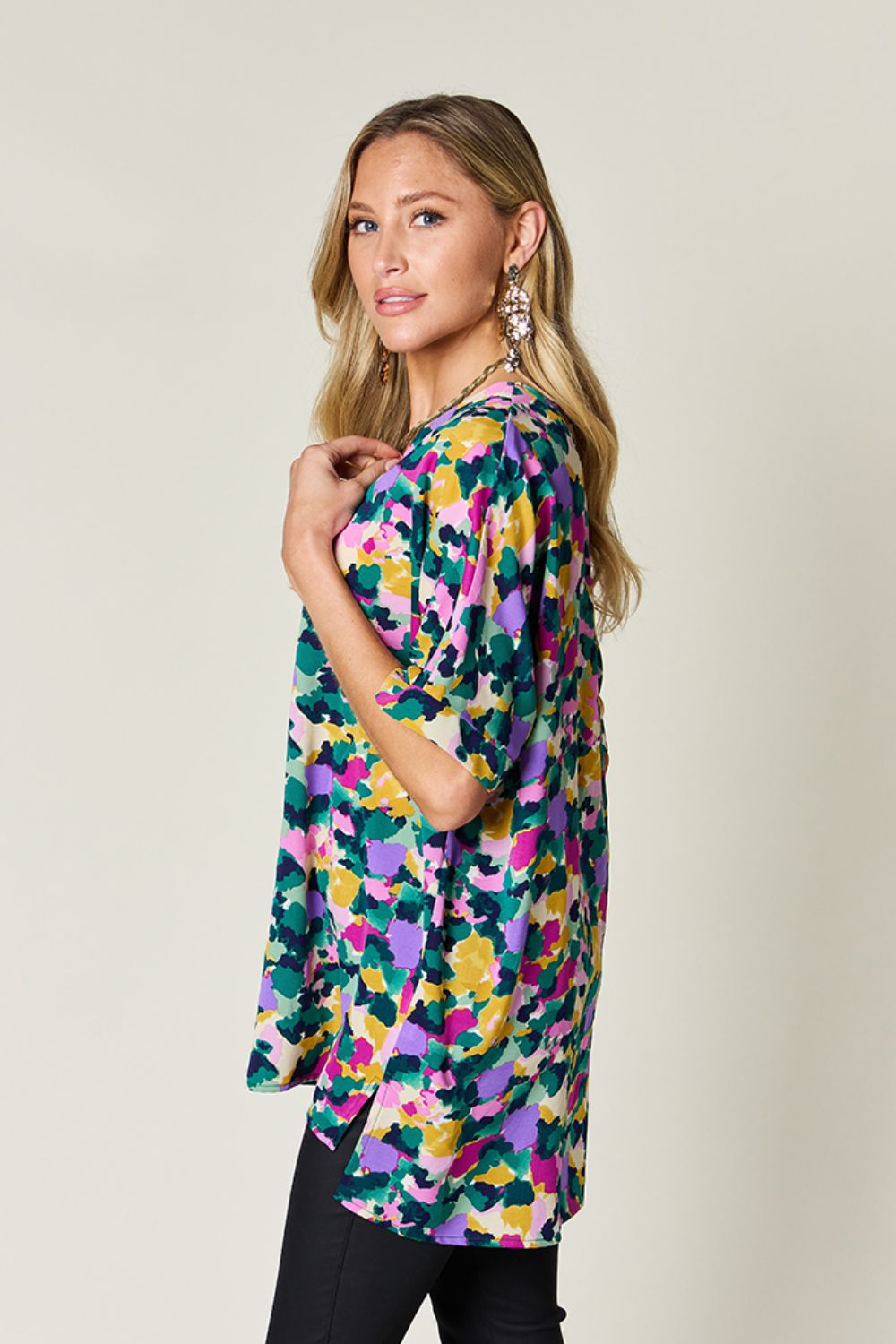 Double Take Printed V-Neck Short Sleeve Blouse