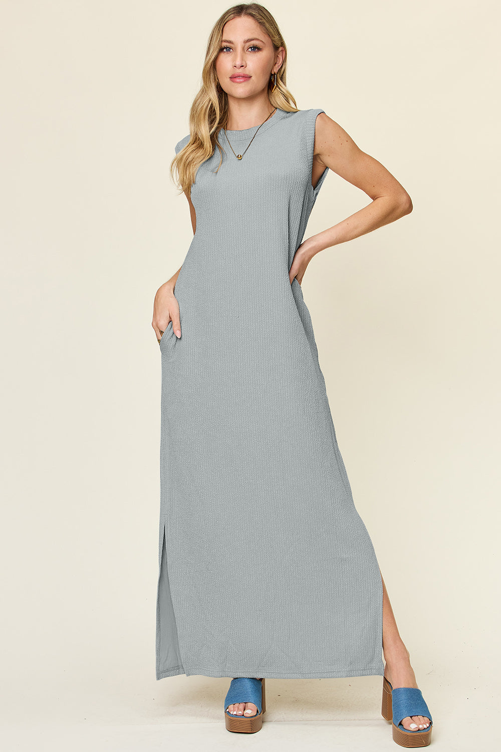 Double Take Texture Mock Neck Sleeveless Maxi Dress