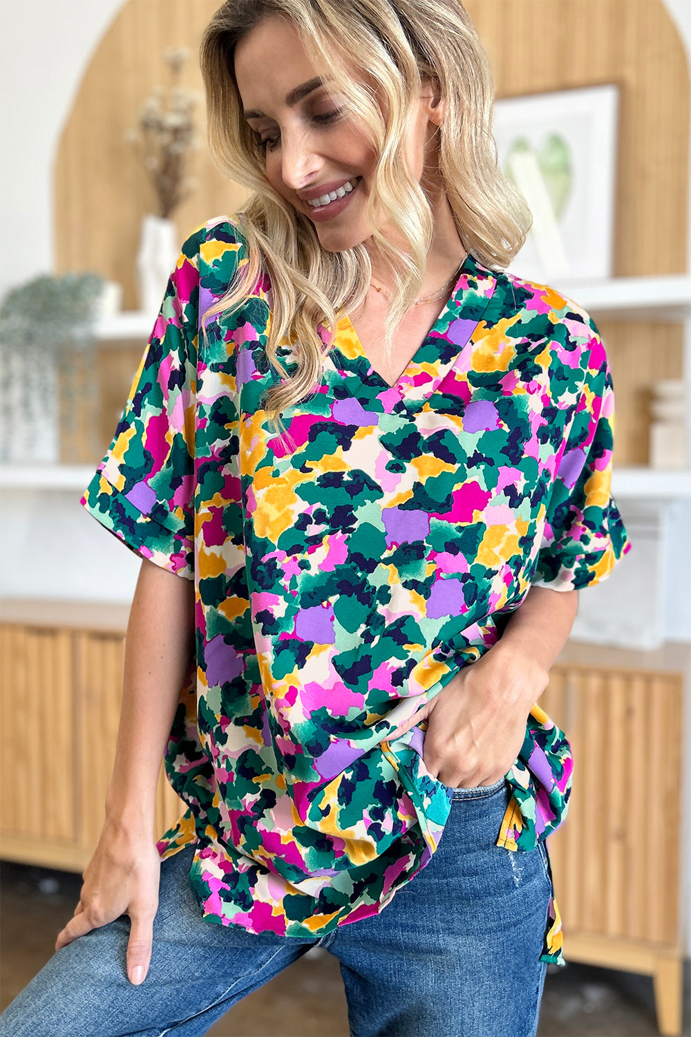Double Take Printed V-Neck Short Sleeve Blouse