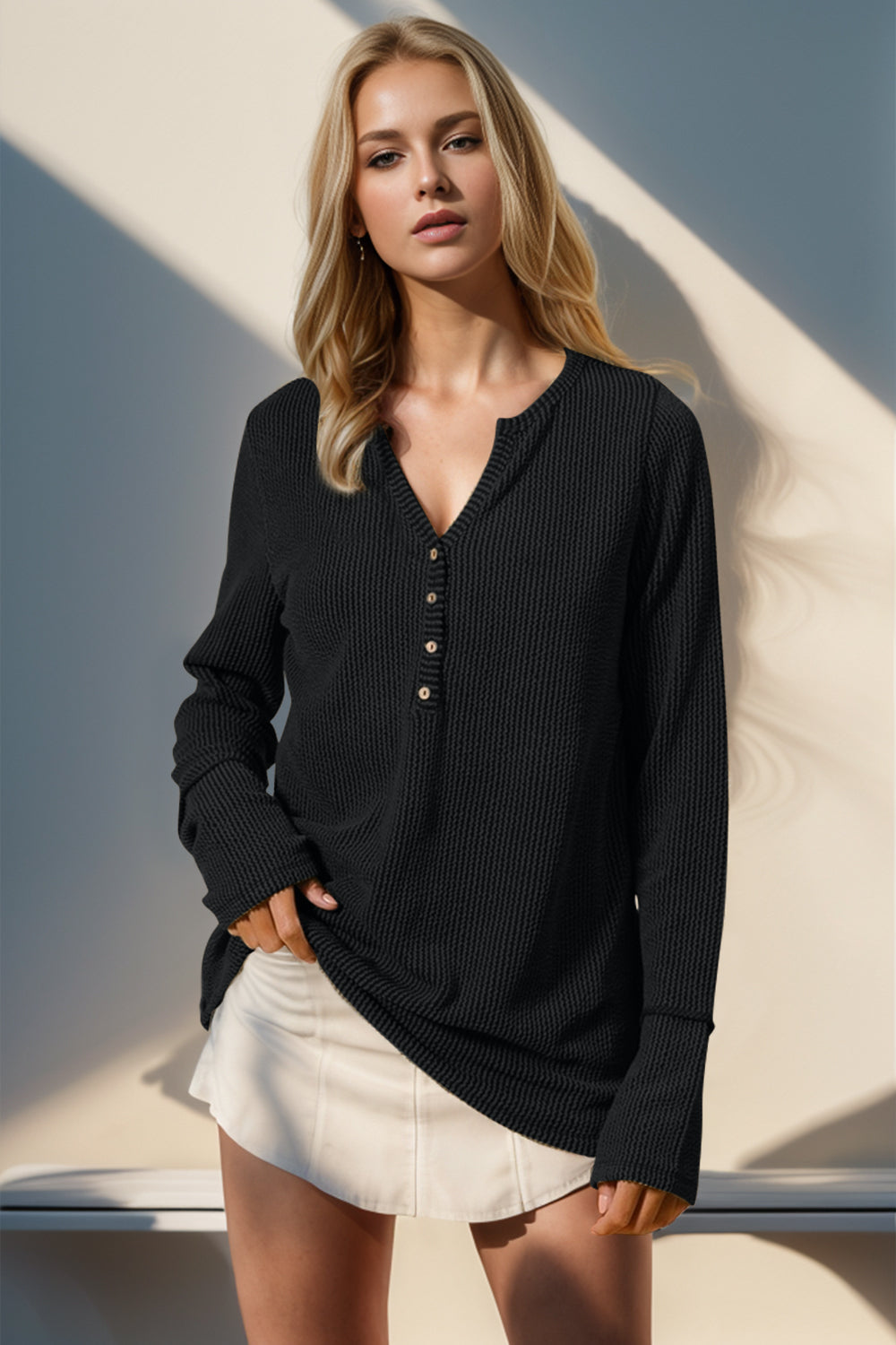 Double Take Notched Thumbhole Long Sleeve T-Shirt