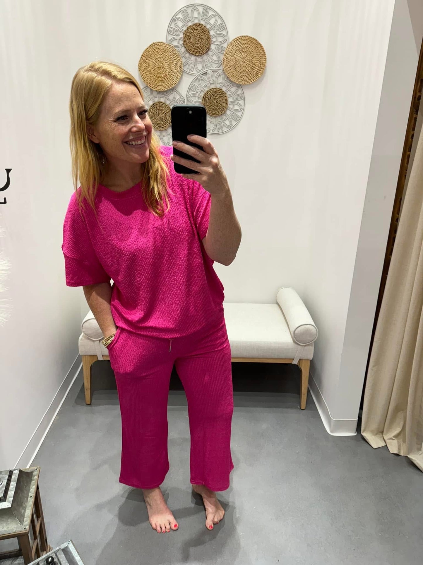 Double Take Texture Round Neck Short Sleeve T-Shirt and Wide Leg Pants