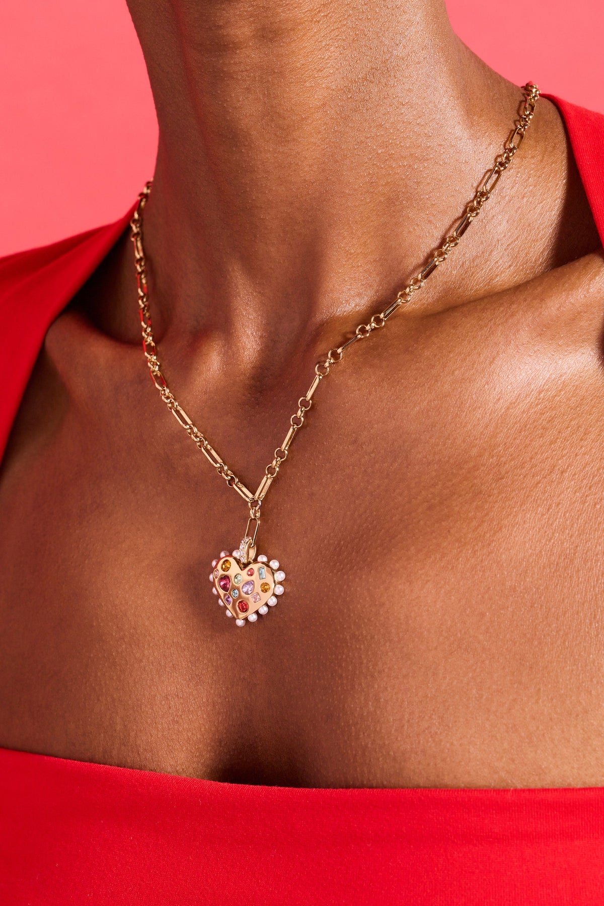 Puffy Heart Gemstone And Pearl Pendant Necklace