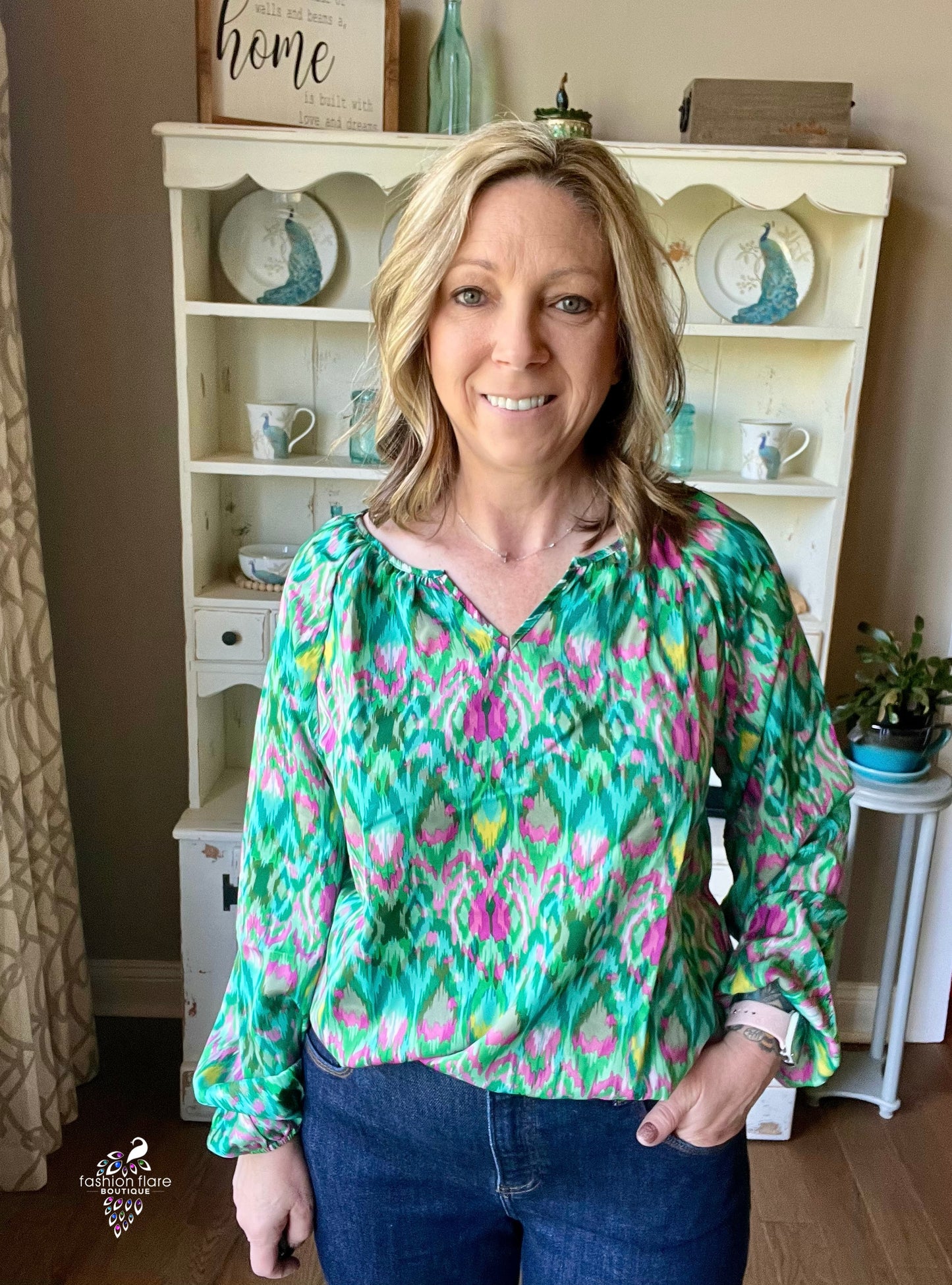 Double Take Printed Balloon Sleeve Blouse