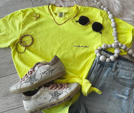 Neon Yellow Dainty Embroidered Mama Graphic Tee