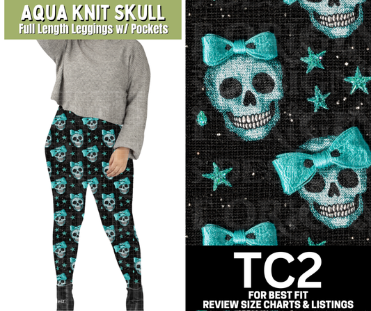 Aqua Knit Skull Full Length Leggings w/ Pockets