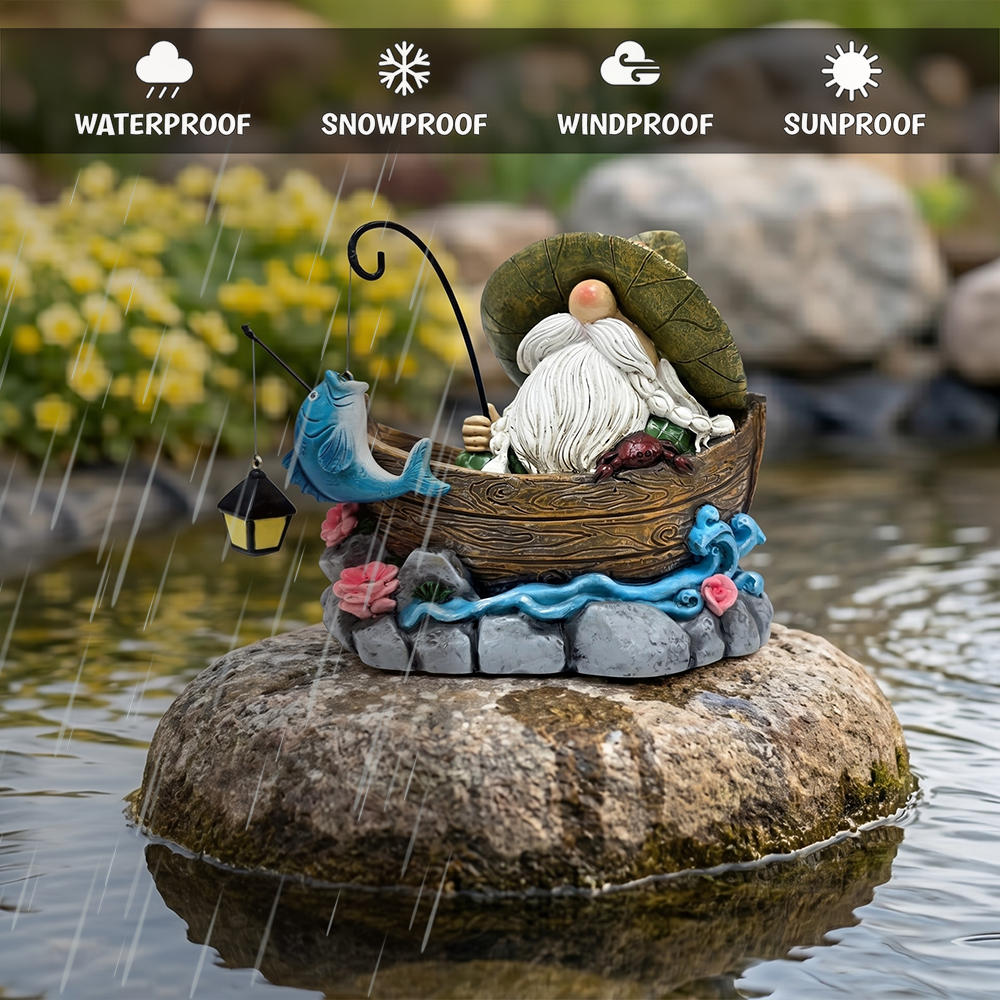 Fishing Gnome with Lantern Garden Statue, 6" Lighted Dwarf Figurine Outdoor Decor