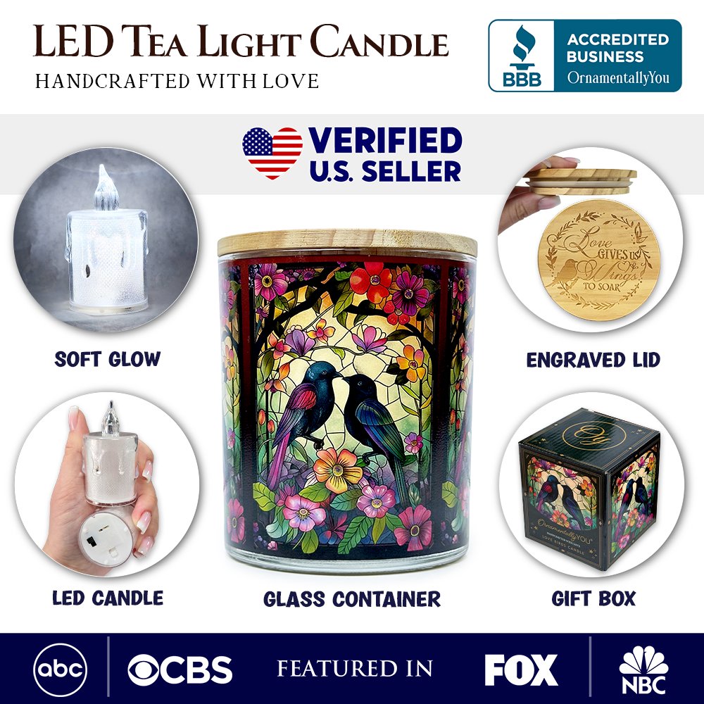 Birds of Love Faux Stained Glass LED Tea Light Candle, Cozy Romantic Valentine Decor With Soft Glow