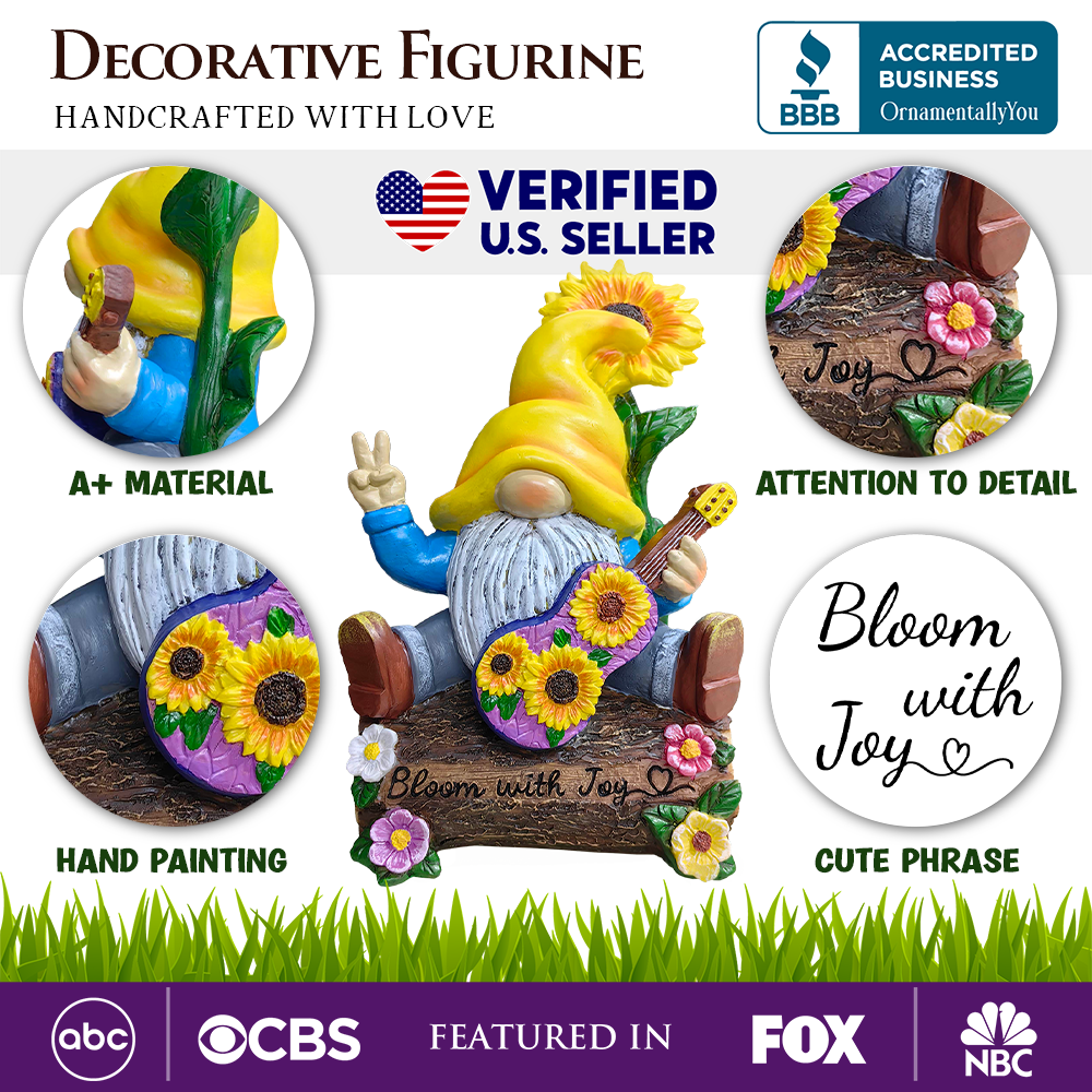 (Pre-Order) Bloom with Joy Sunflower Gnome 10" Garden Statue Figurine with Guitar, Spring and Summer Home Decoration