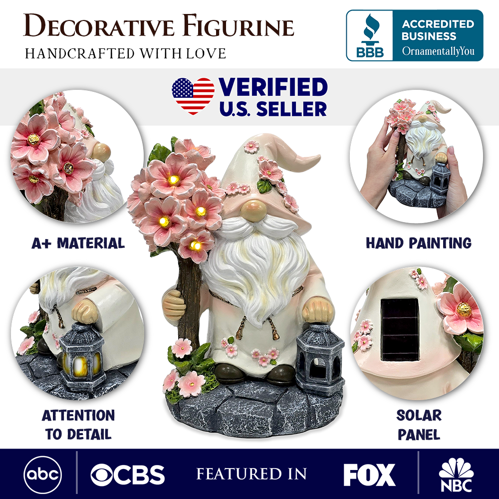 Cherry Blossom Gnome Solar Garden Statue, 8" Figurine and Floral Outdoor Decor