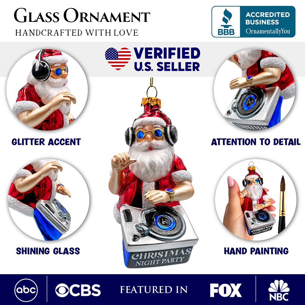DJ Santa Spinning Christmas Party Glass Ornament, Headphones and Music Star Hipster Tree Decor