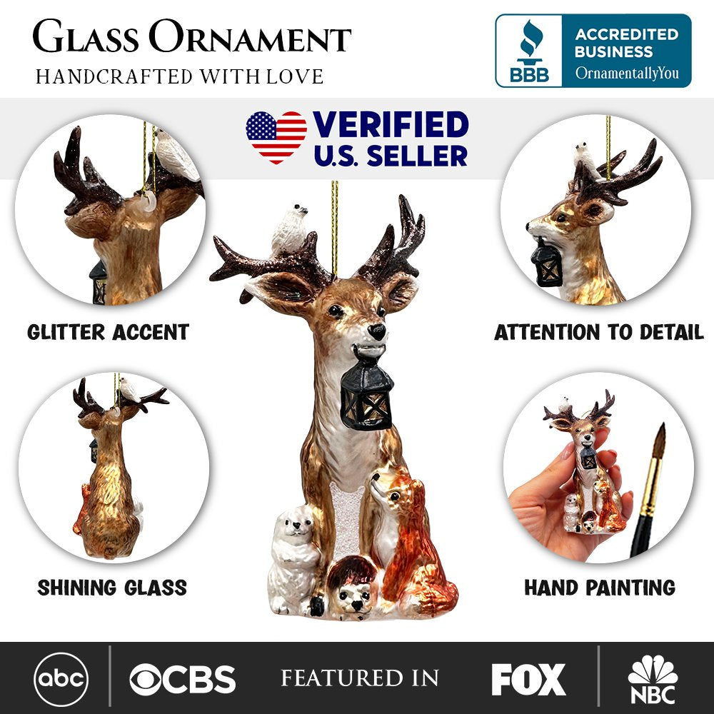 Deer with Lantern Glass Christmas Ornament, Woodland Animal Tree Decor