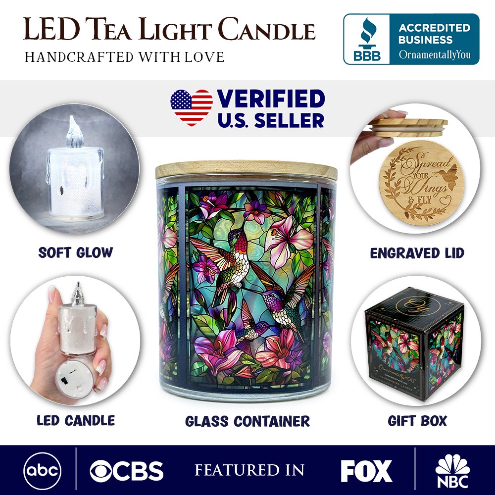 Hummingbird Faux Stained Glass LED Tea Light Candle, Delicate Nature Inspired Decor With Soft Glow