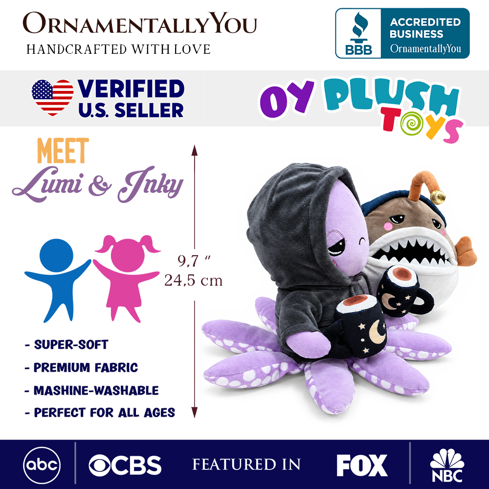 Lumi Anglerfish and Inky Octopus Plush Set, 9.7" Deep Sea Stuffed Animal Friends with Cocoa Mugs